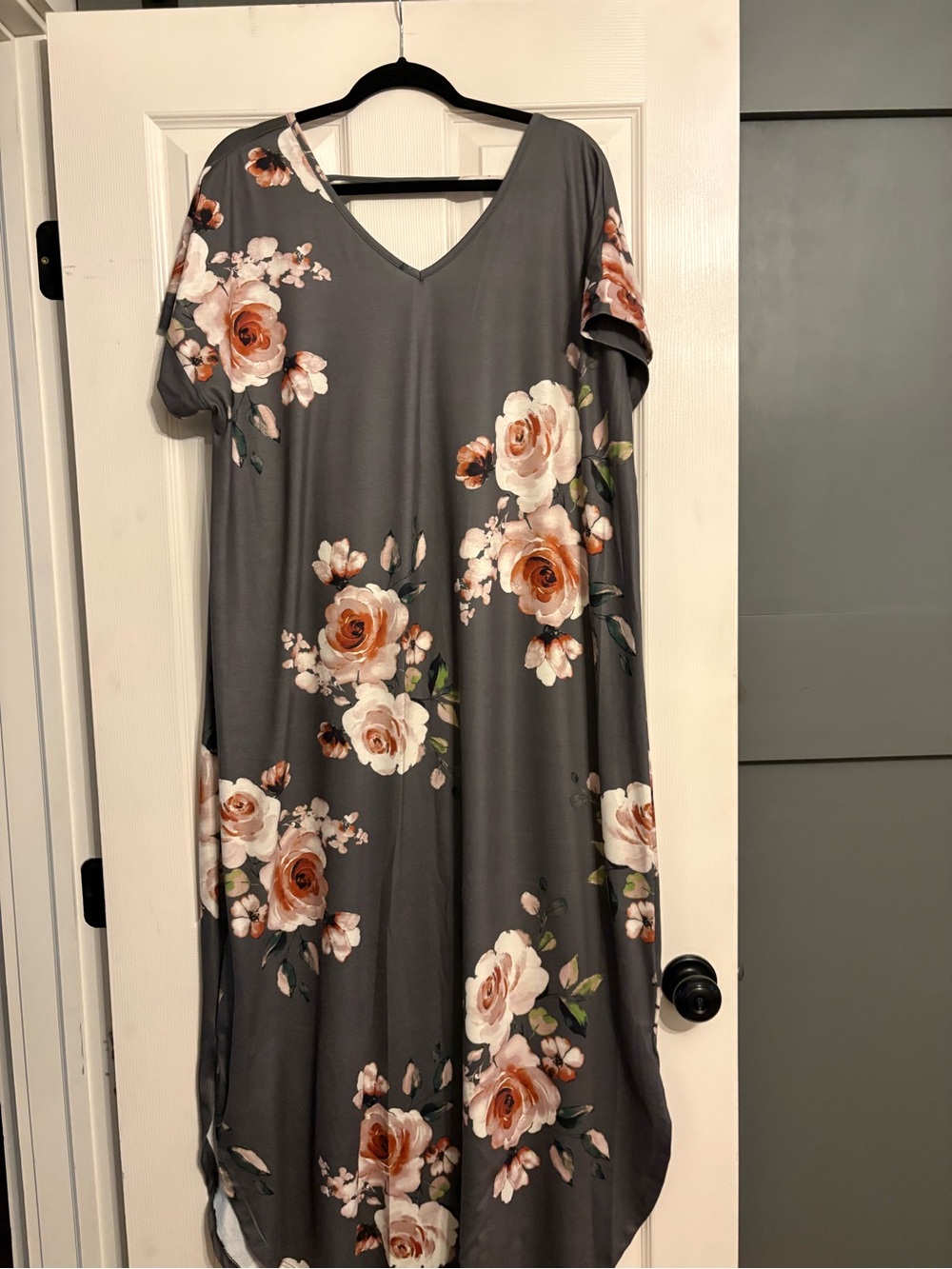 LuLaRoe Gray Maxi Dress with Peach and Cream Floral Print